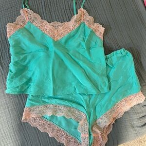 Dora Larsen Pajama Set in Aqua and Blush